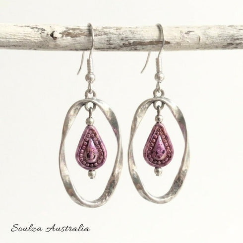 Purple Marble Twisted Antique Silver Earrings - Handmade by Soulza - SOULZA AUSTRALIA