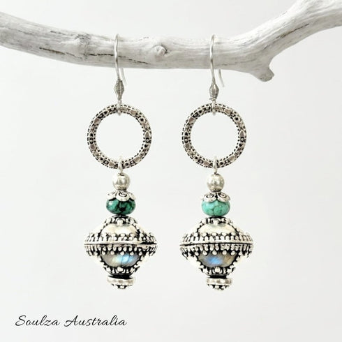 Silver n African Turquoise Eclectic Drop Earrings - Handmade by Soulza - SOULZA AUSTRALIA