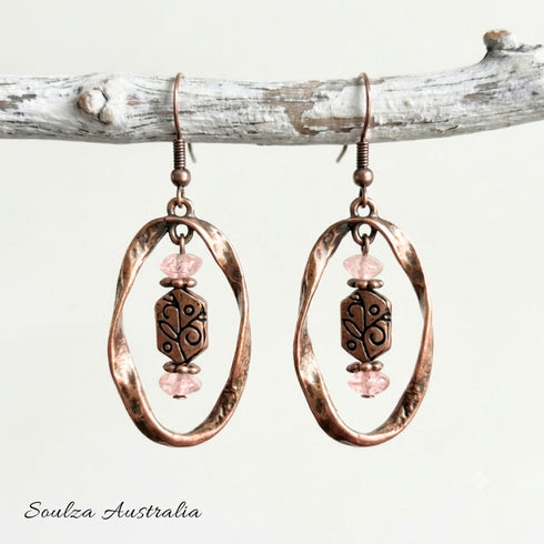 Blush Petal Twisted Antique Copper Earrings - Handmade by Soulza