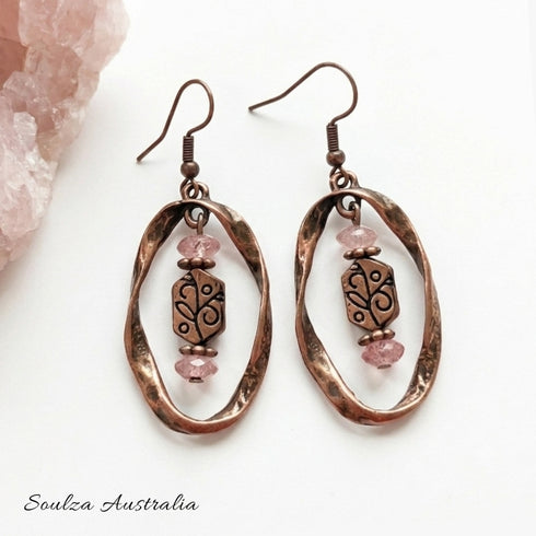 Blush Petal Twisted Antique Copper Earrings - Handmade by Soulza