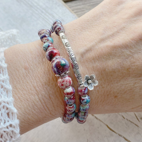 Plum Multi - colour Boho Flower Bead Bracelet - SOULZA AUSTRALIA