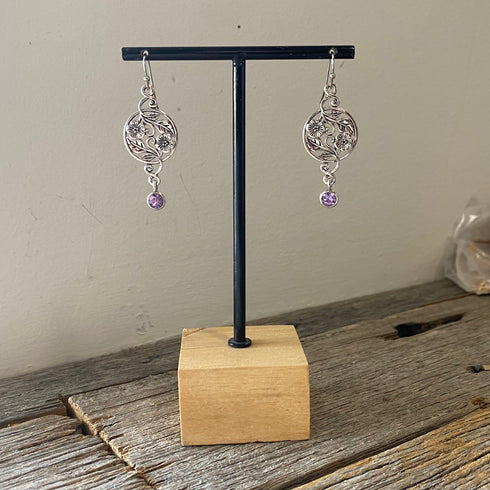 Purple & Silver Earrings - Etched Flower