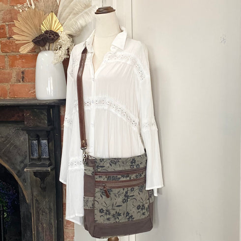 Forest Flower Boho Canvas & Leather Trim Bag