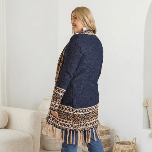 Plus Size Aztec Navy Patterned Long Knit Cardigan - SOULZA AUSTRALIA