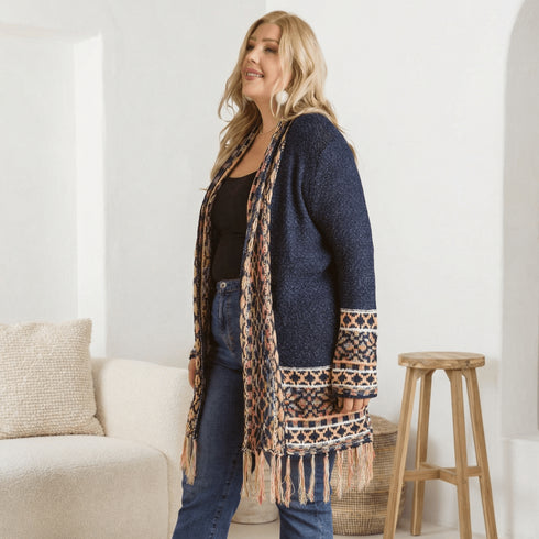 Plus Size Aztec Navy Patterned Long Knit Cardigan - SOULZA AUSTRALIA