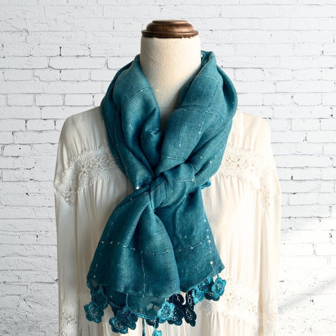 Teal Sequined Edged Flower Scarf - SOULZA AUSTRALIA