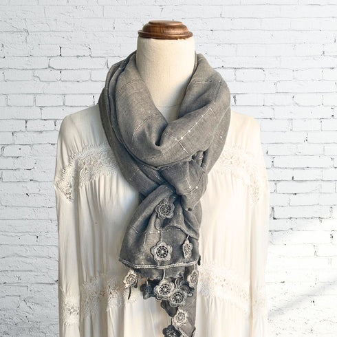 Charcoal Sequined Edged Flower Scarf