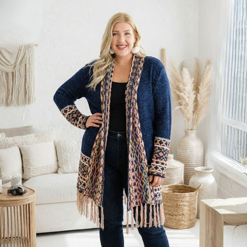 Plus Size Aztec Navy Patterned Long Knit Cardigan - SOULZA AUSTRALIA