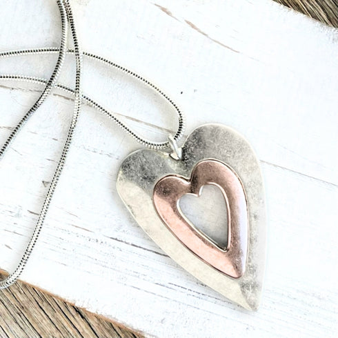 Contempo Rose Gold n Matte Silver Heart Pendant Necklace