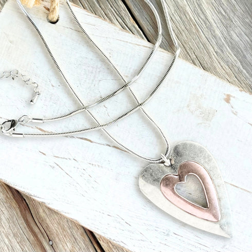 Contempo Rose Gold n Matte Silver Heart Pendant Necklace