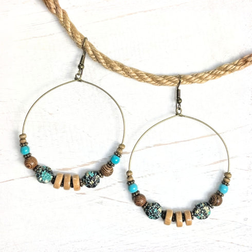 Blue Beaded Circle Boho Earrings