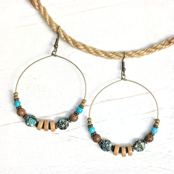 Blue Beaded Circle Boho Earrings