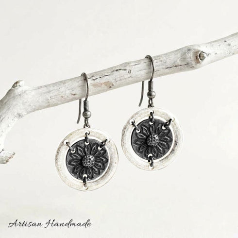 Artisan Silver Pewter Sunflower Boho Earrings