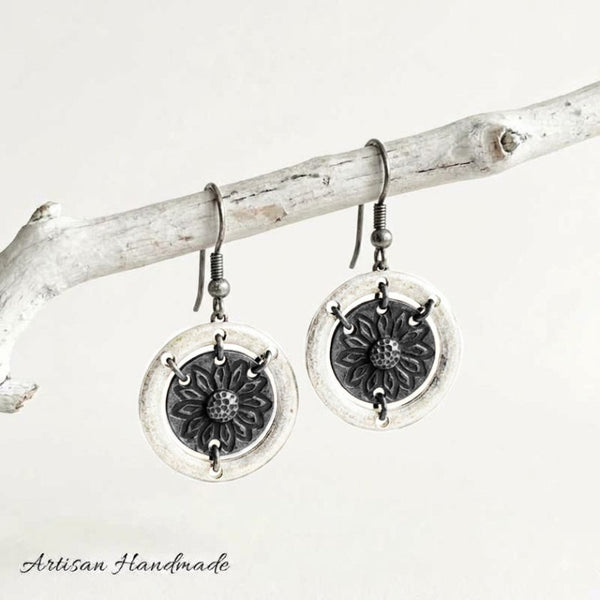 Artisan Silver Pewter Sunflower Boho Earrings