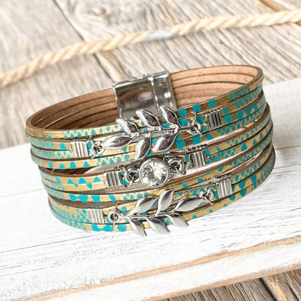 Teal & Gold Leaf Wrap Bracelet