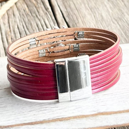 Burgundy n Silver Leaf Wrap Bracelet