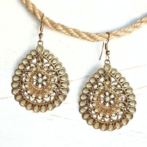 White & Gold Boho Diamante Teardrop Earrings