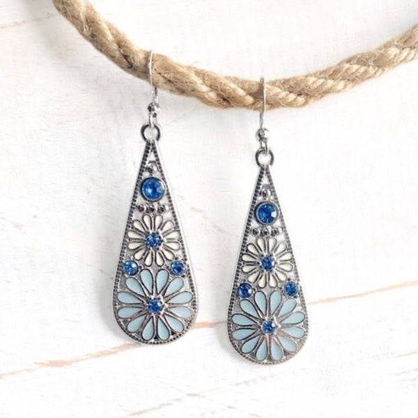 Blue Boho Silver Diamante Flower Earrings - SOULZA AUSTRALIA