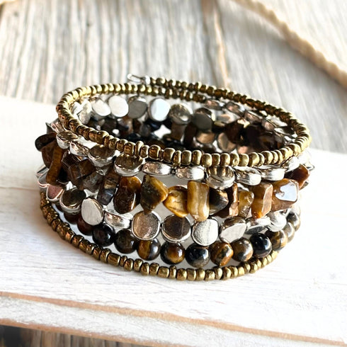 Tiger Eye Stone & Silver Boho Wrap Bracelet