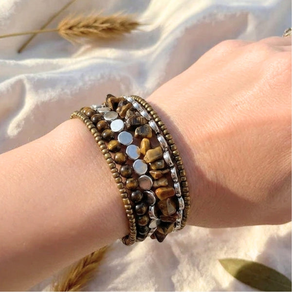 Tiger Eye Stone & Silver Boho Wrap Bracelet