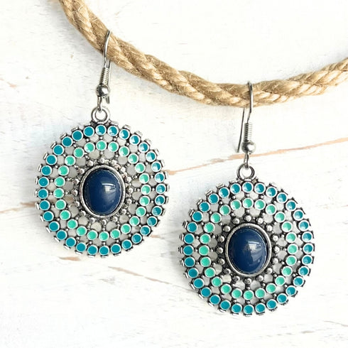 Boho Blue & Turquoise Oval Mandala Earrings