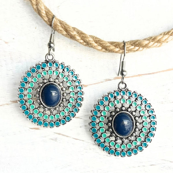 Boho Blue & Turquoise Oval Mandala Earrings