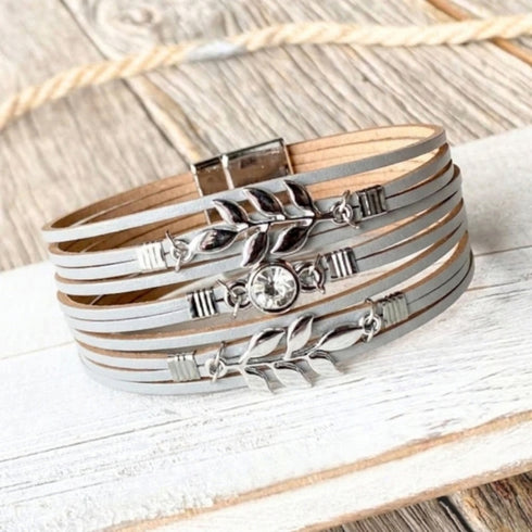Grey & Silver Leaf Wrap Bracelet