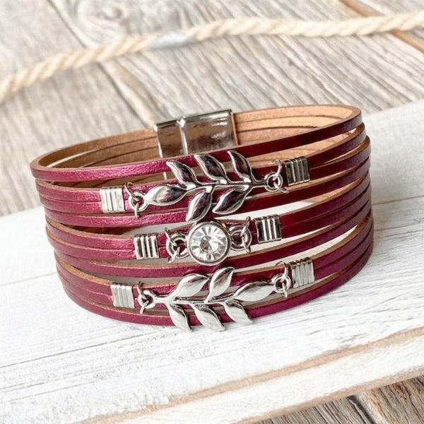 Burgundy n Silver Leaf Wrap Bracelet