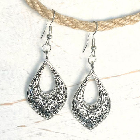 Silver Diamante Filigree Teardrop Earrings
