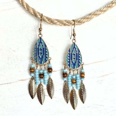 Blue Boho Aztec Feather Earrings