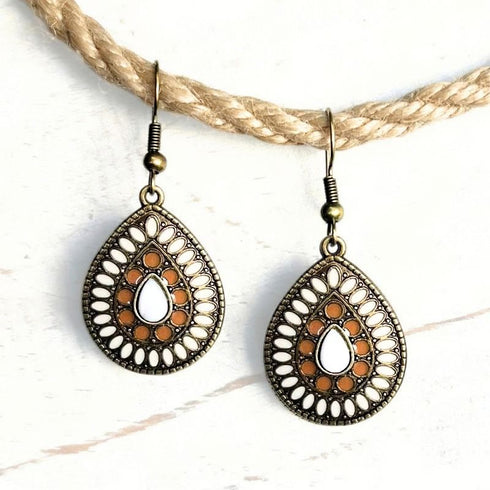 Bronze n White Eclectic Teardrop Earrings