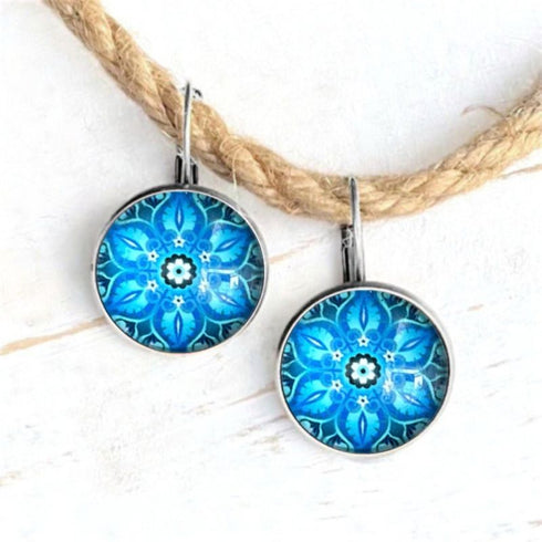 Blue Lotus Mandala Glass Earrings