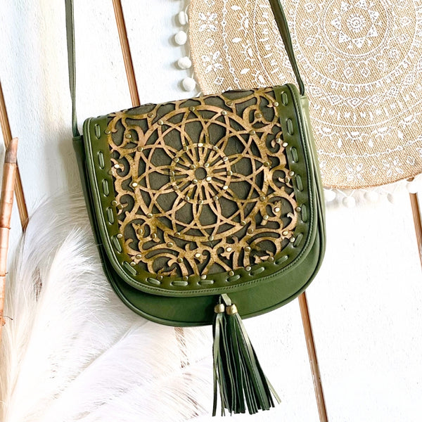 Olive Eclectic Mandala Handtooled Leather Bag