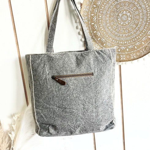 Smoky Grey Embroidered Fringe Tote Bag
