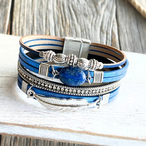 Blue Silver Leaf n Bead Wrap Bracelet