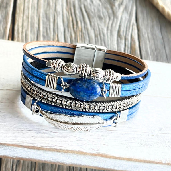 Blue Silver Leaf n Bead Wrap Bracelet