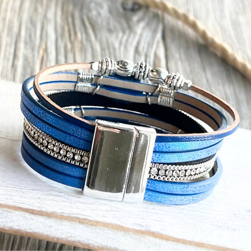 Blue Silver Leaf n Bead Wrap Bracelet