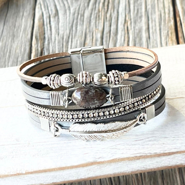 Grey Silver Leaf n Bead Wrap Bracelet