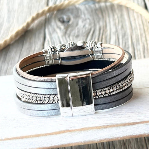 Grey Silver Leaf n Bead Wrap Bracelet