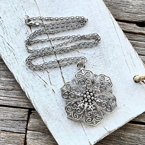 Boho Silver Flower Chain Pendant