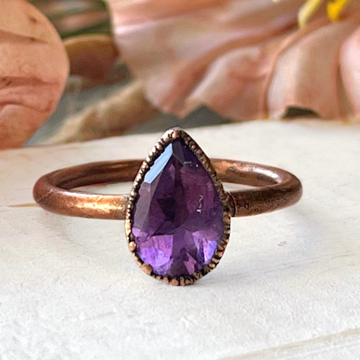 Handcrafted Amethyst Recycled Copper Boho Ring