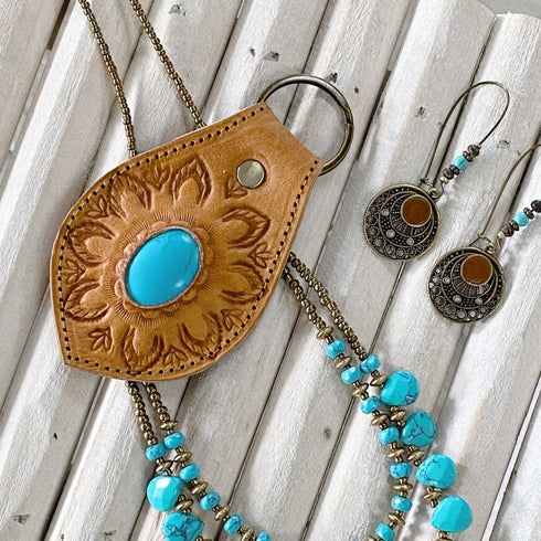 Tan Boho Handtooled Turquoise Key Ring - SOULZA AUSTRALIA
