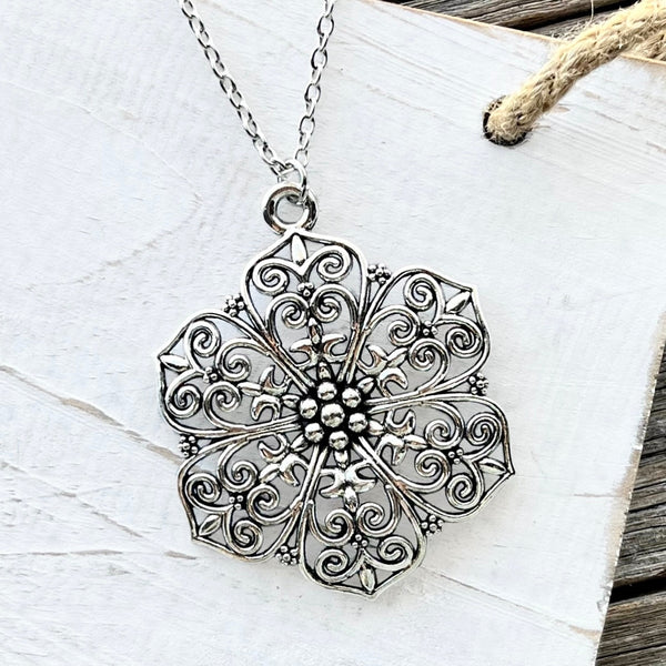 Boho Silver Flower Chain Pendant