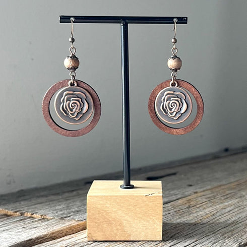 Copper Flower & Wooden Circle Earrings - SOULZA AUSTRALIA